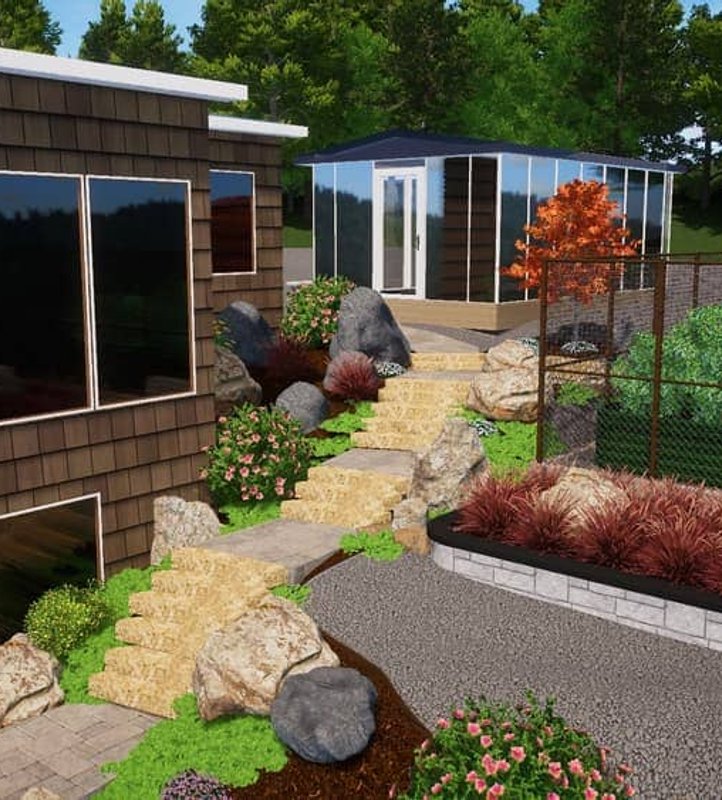3D landscape design of a hillside garden with stone steps