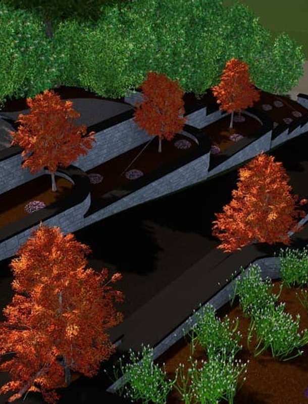 3D rendering of a terraced retaining wall landscape design