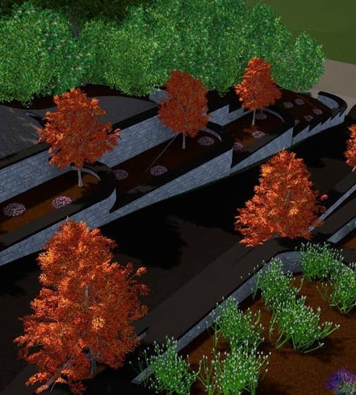 3D rendering of a terraced retaining wall landscape design