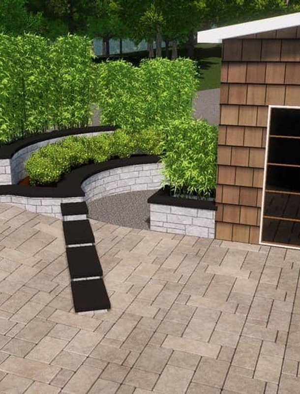 3D design of a paver driveway and curved retaining wall