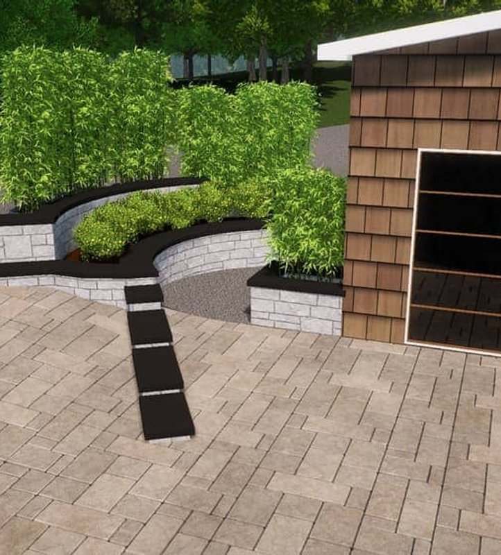 3D design of a paver driveway and curved retaining wall