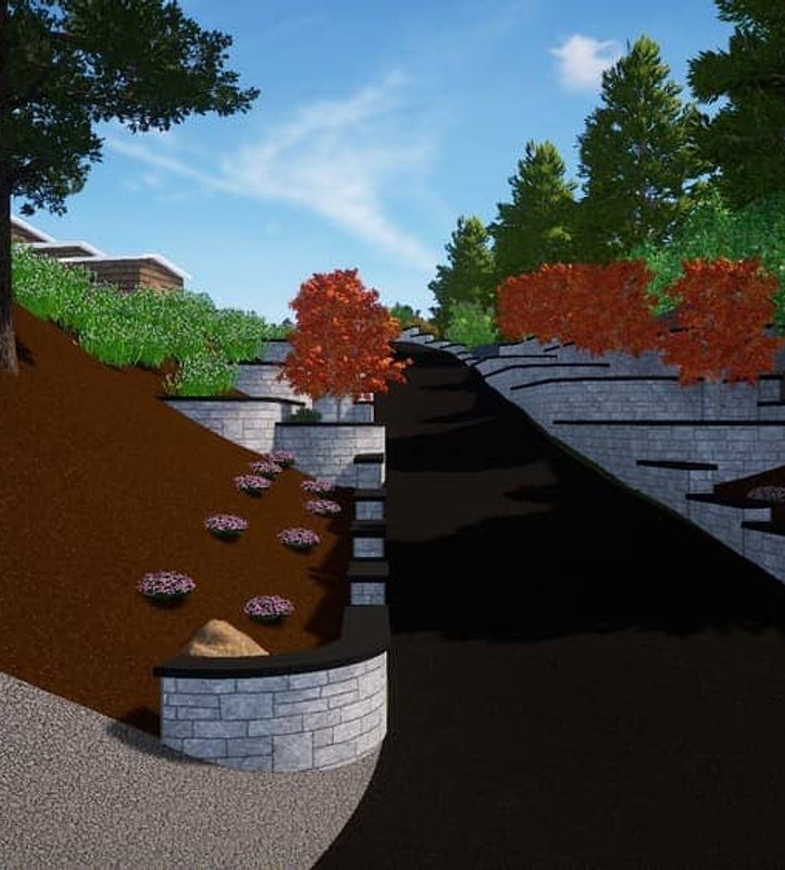 3D design of a hillside driveway with tiered retaining walls