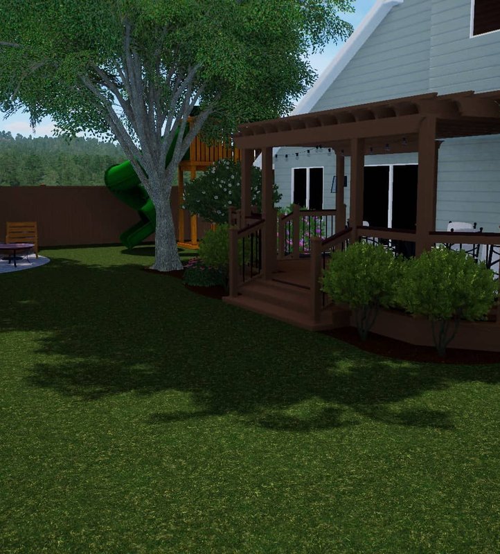 3D backyard design with deck, pergola, lawn, and planting beds