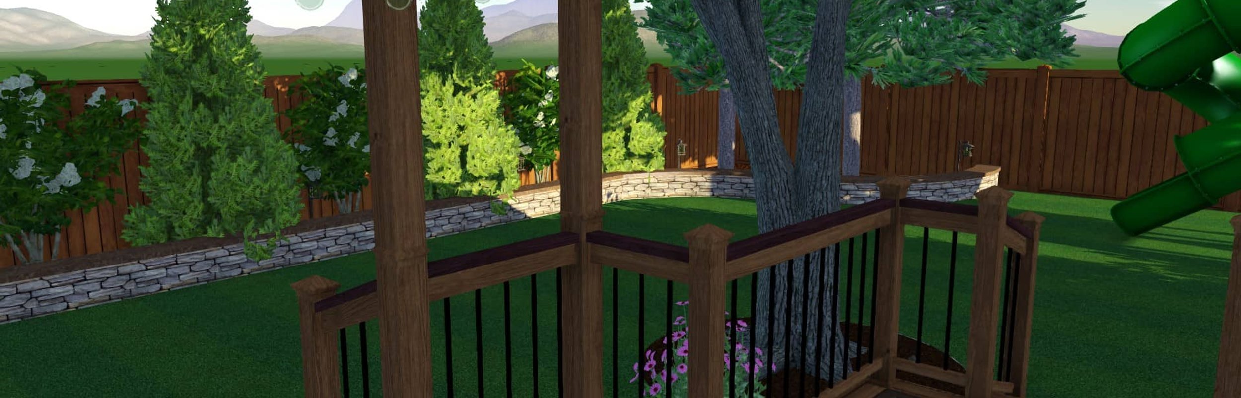 3D landscape design rendering of a Whidbey Island backyard