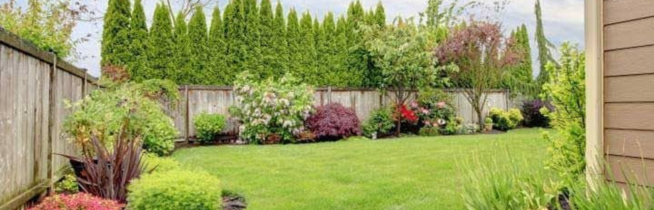 Landscaped backyard with lawn, garden beds, and privacy trees in Oak Harbor